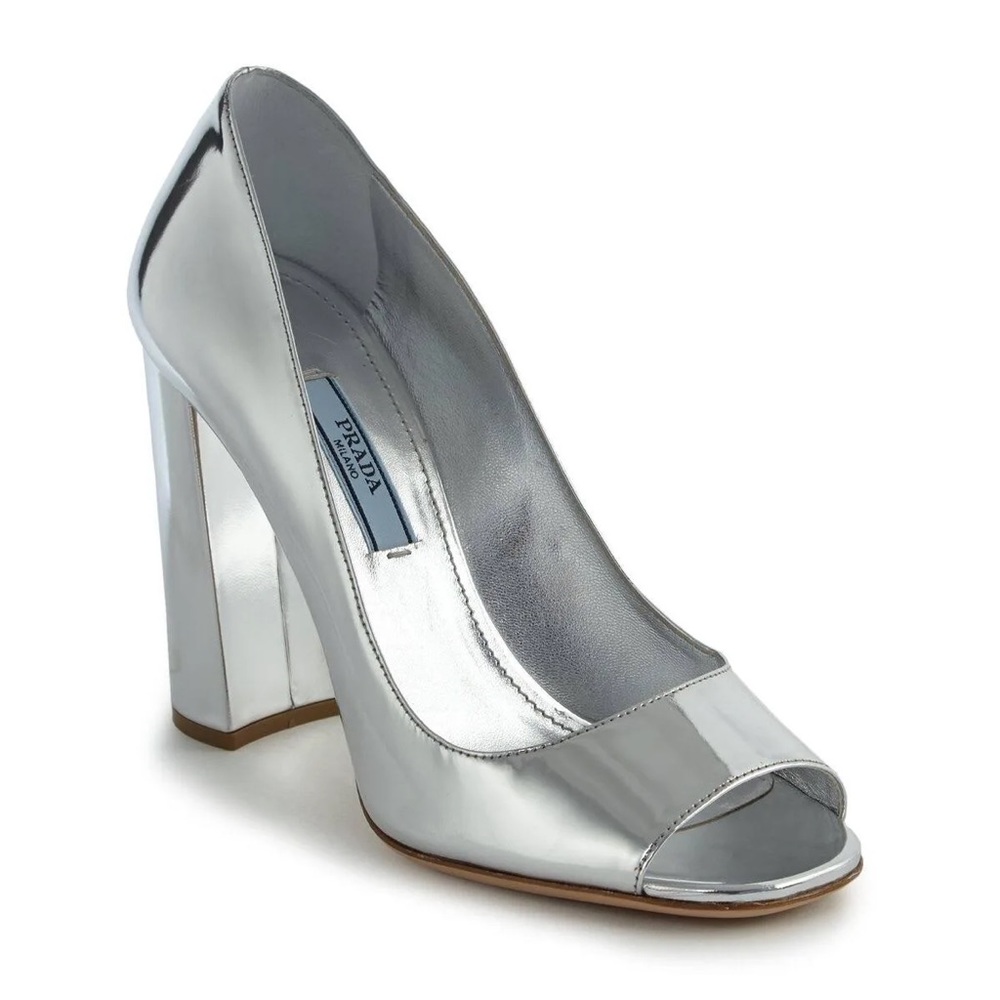 Prada Peep Toe Block Heel Silver Metallic Leather Pump Size 37.5
